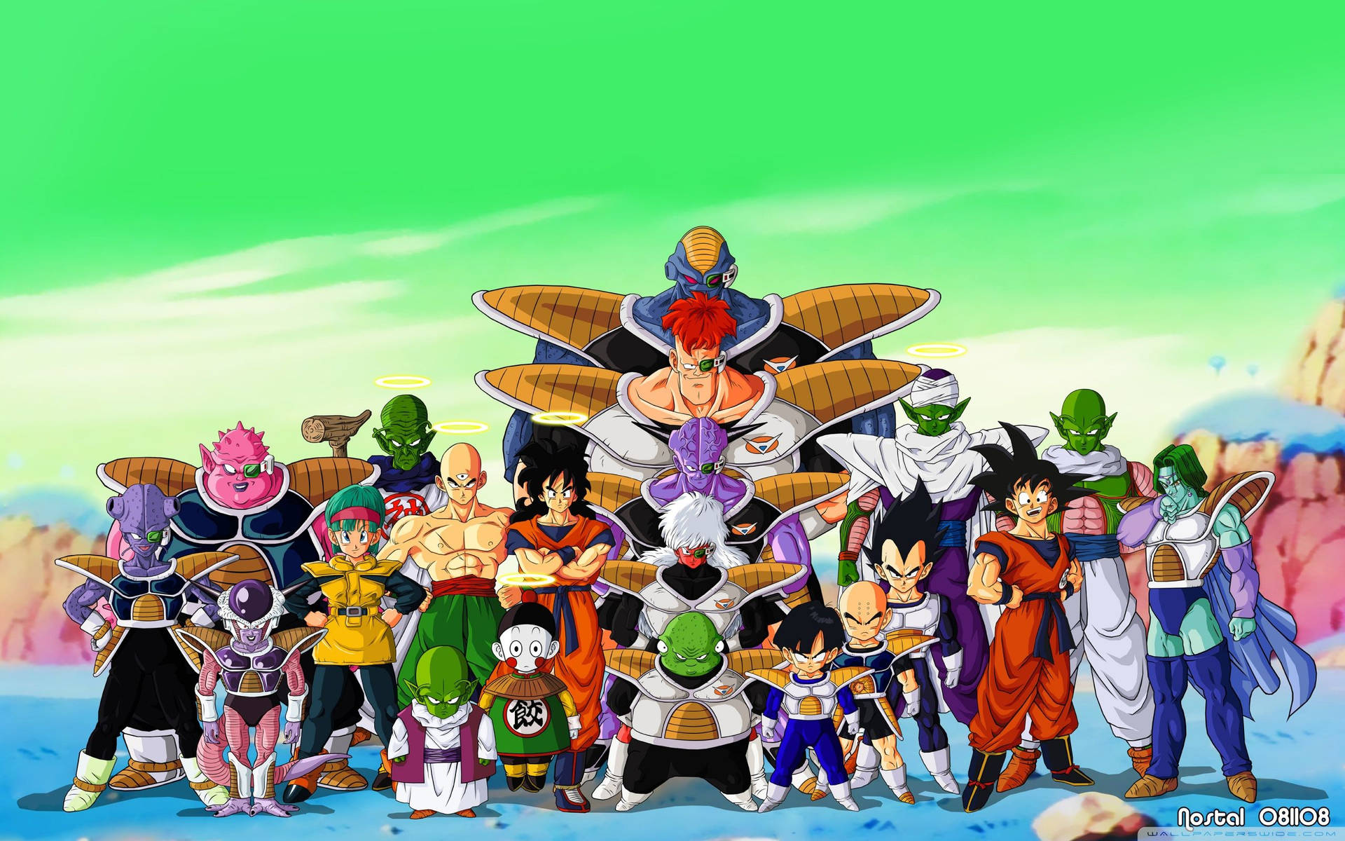 Personaje Dragon Ball Z pe planeta Namek cu San Goku, Piccolo și alți androizi. — Goku Fundal