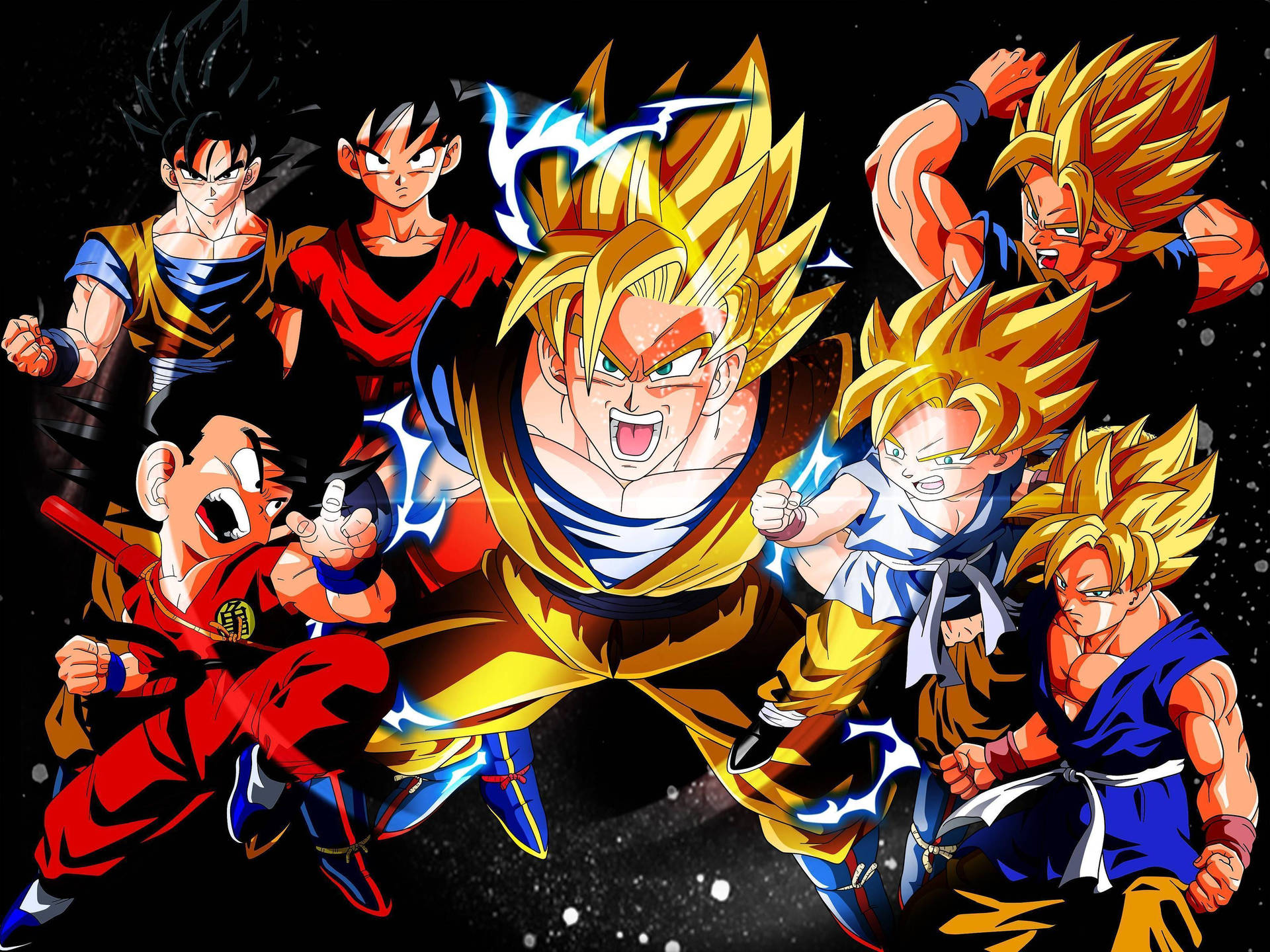 Fundal de perete cu diverse etape Super Saiyan ale lui Goku. — Goku Fundal