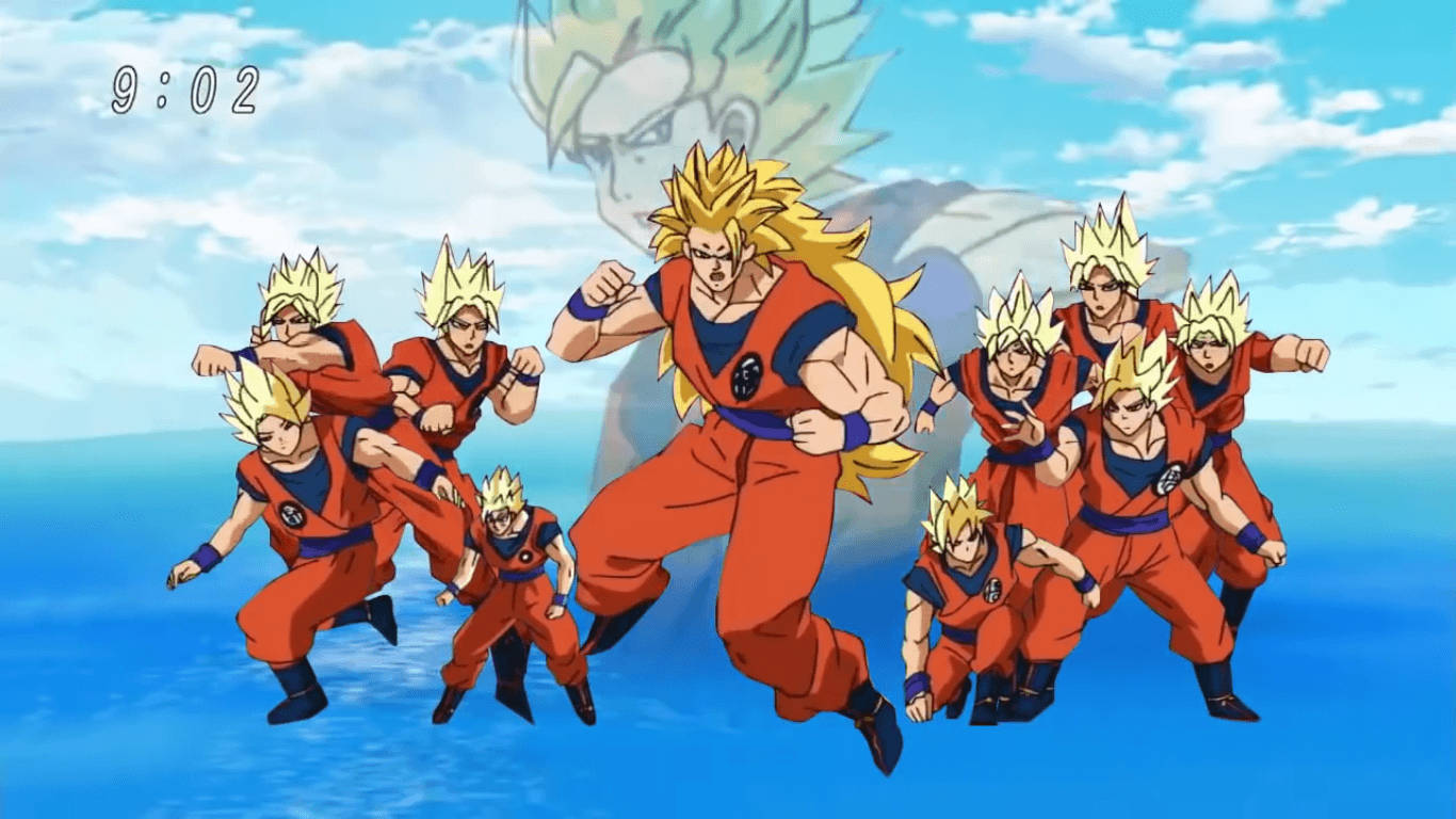 Goku se luptă cu maleficul Majin Buu în punctul culminant al sagăi anime „Dragon Ball” Fundal