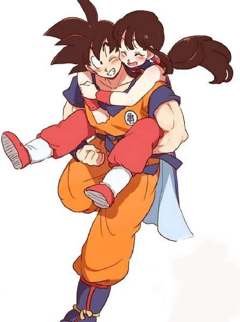 Goku și Chichi îmbrățișare din spate cu ridicare Fundal