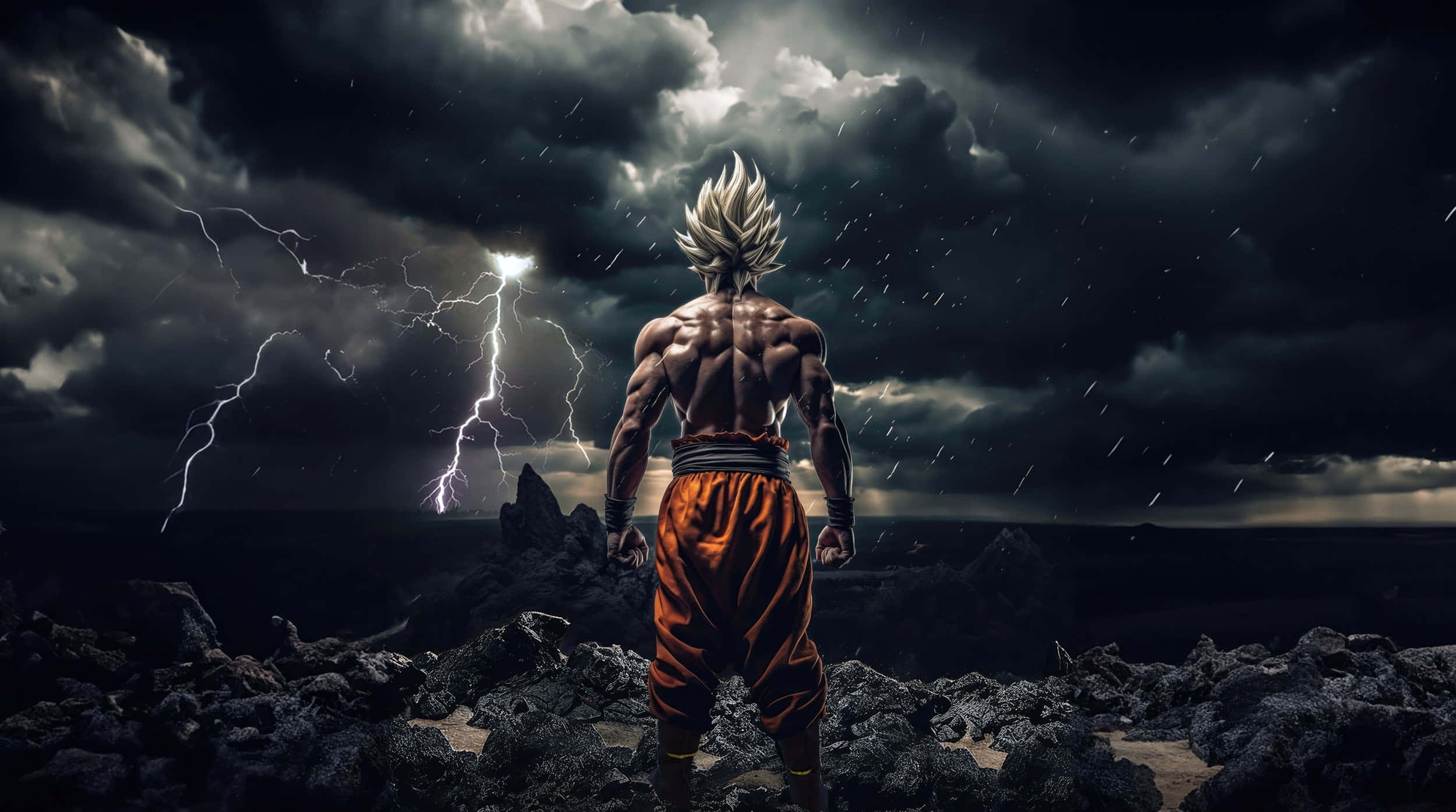 Goku Ultra Instinct Întunecat cu Fulger Fundal