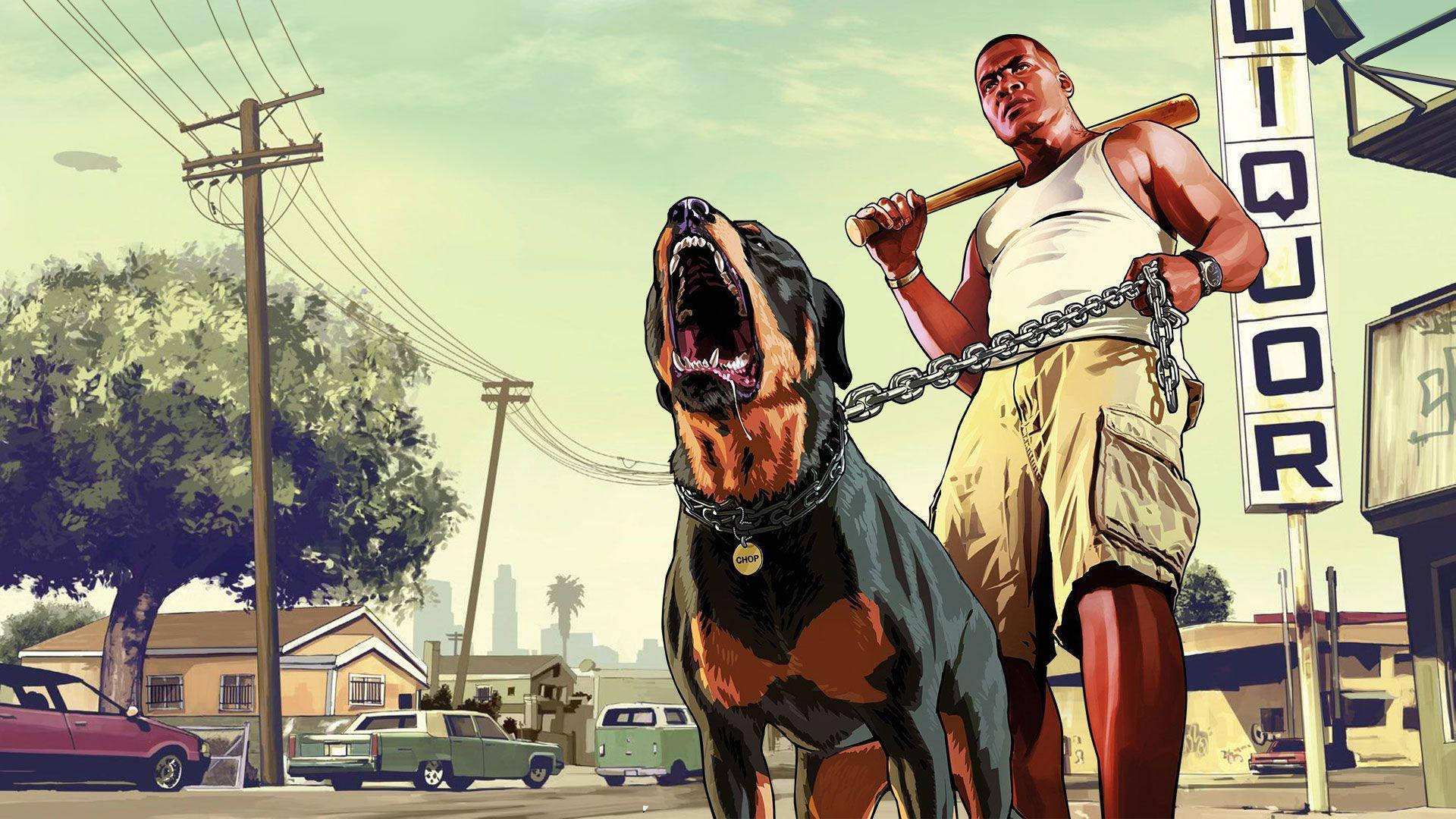 GTA SA 4K Carl Johnson și câinele Fundal