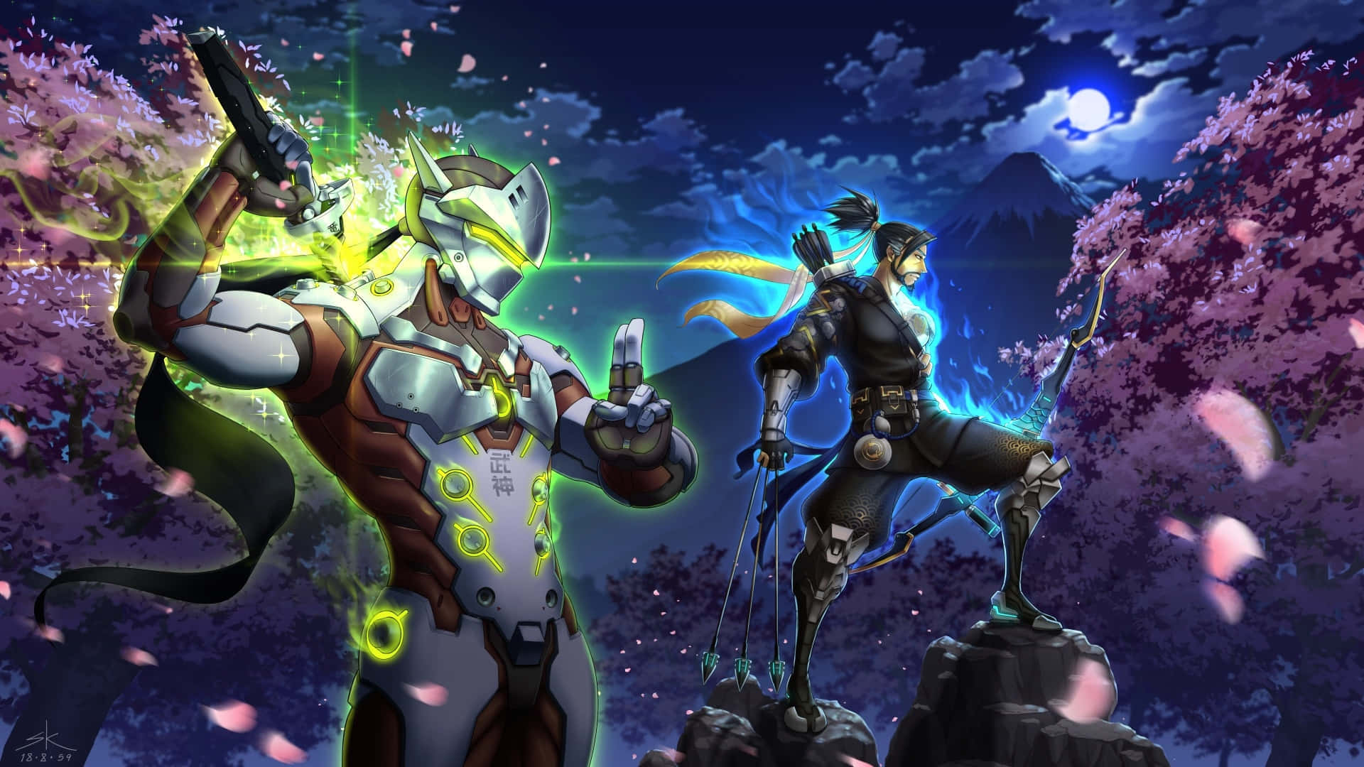 Hanzo și Genji Personajele 1920x1080 Overwatch Fundal Nocturn Fundal