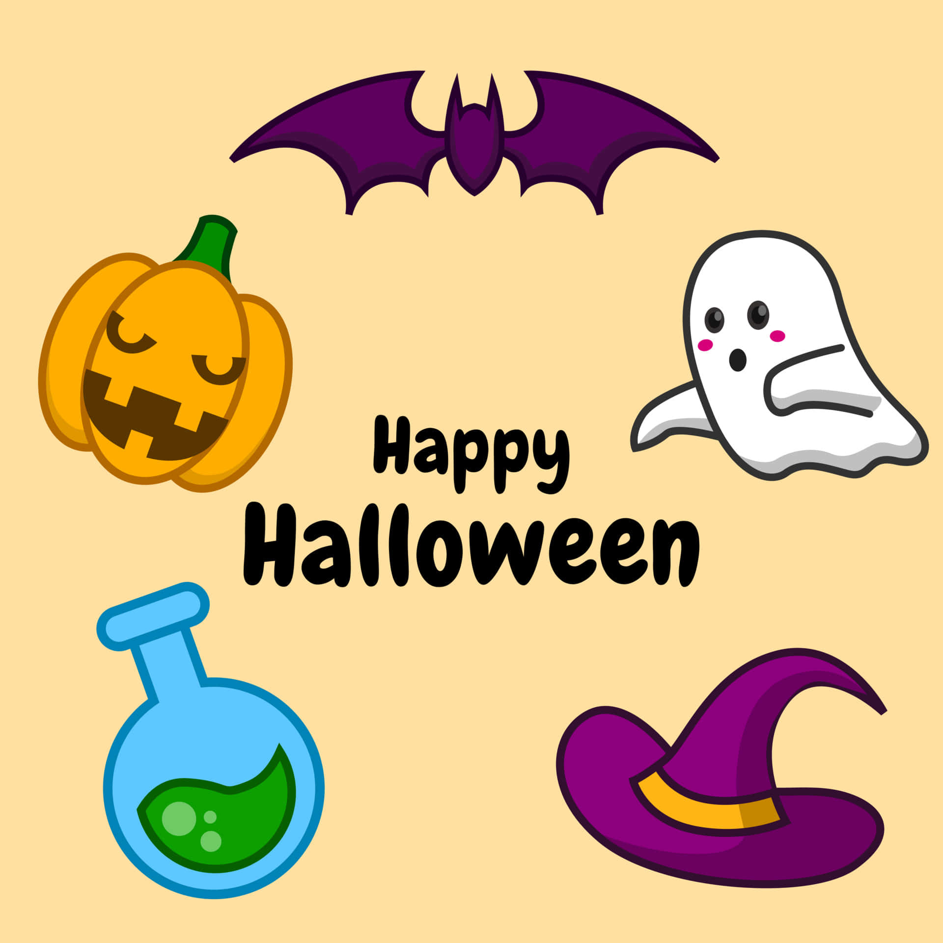 happy halloween cu un liliac, vrăjitoare, liliac și o poțiune Fundal