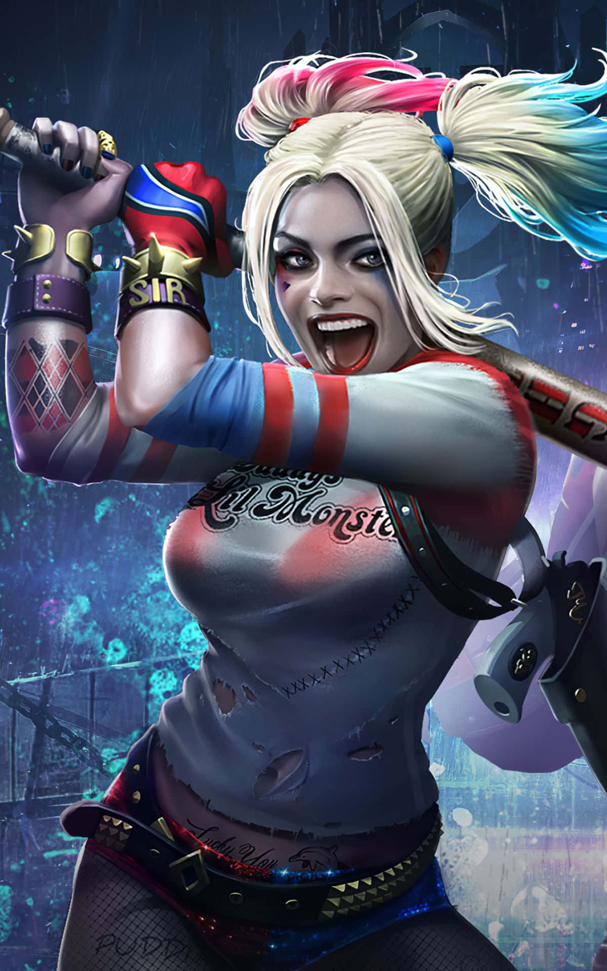 Harleen Quinzel în look-ul iconic din jocul video "Arkham City" Fundal