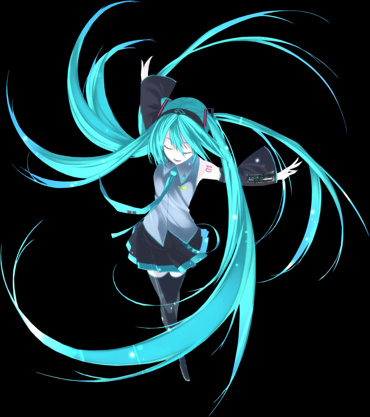 Hatsune Miku în Poziție Dinamică cu Păr Învoltat Fundal