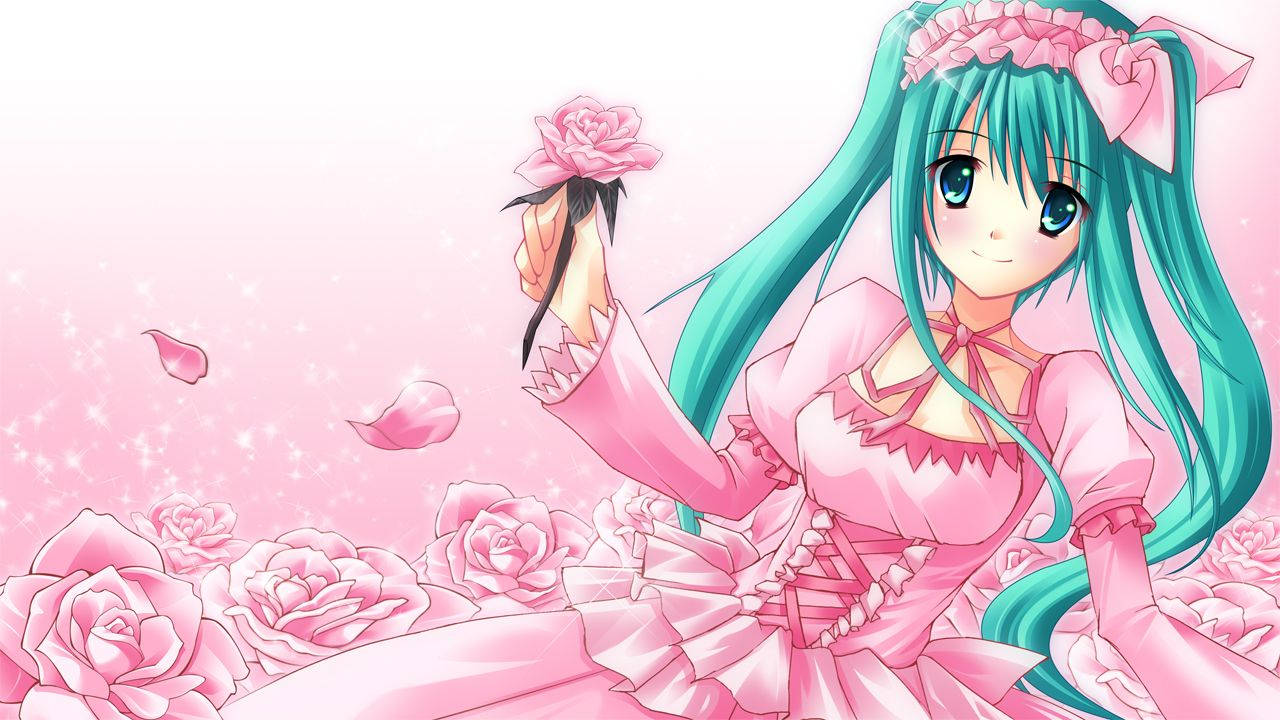 Hatsune Miku Kawaii Anime Cu Rochie Roz și Trandafiri Fundal