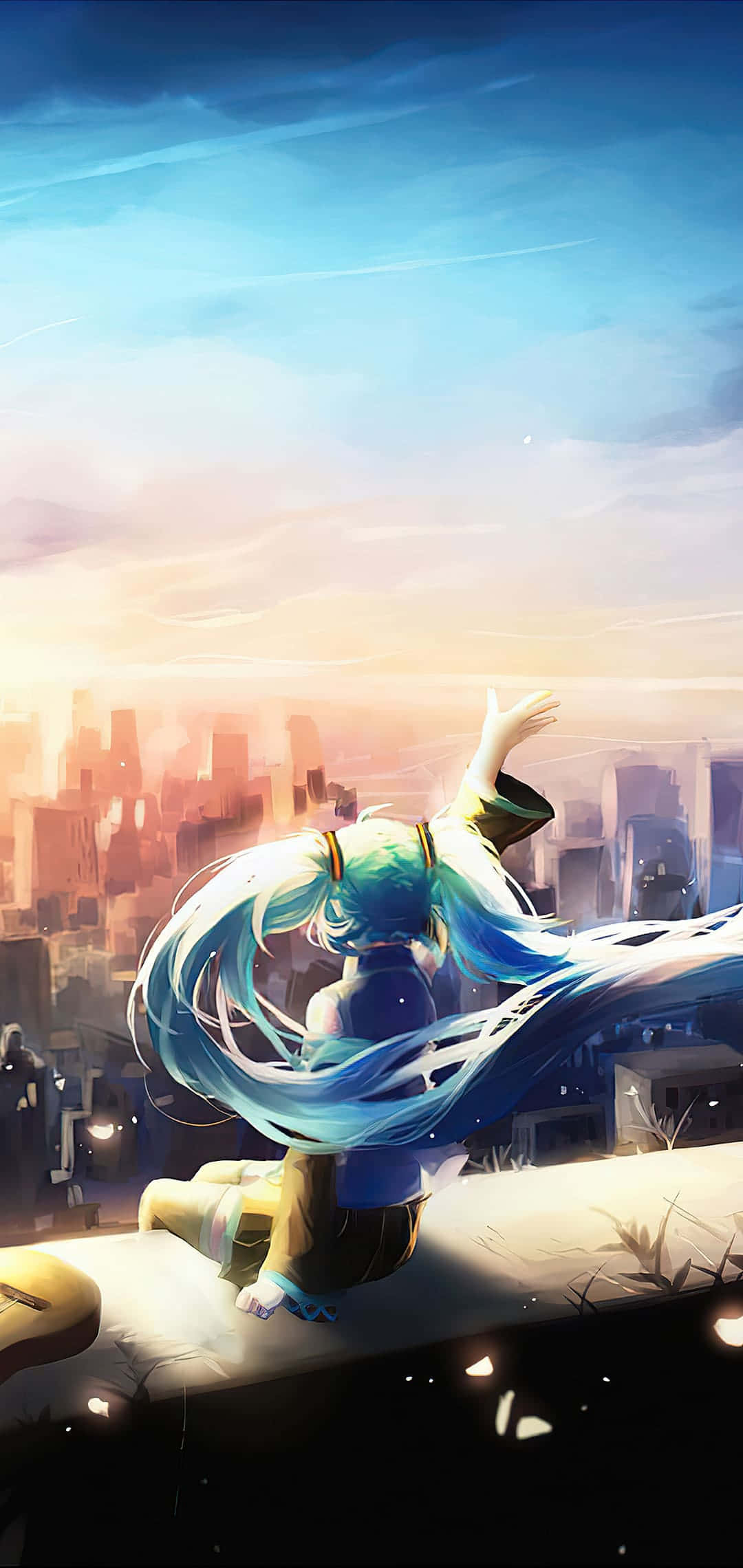 Hatsune Miku pe acoperiș, vedere panoramică a orașului – telefon Fundal
