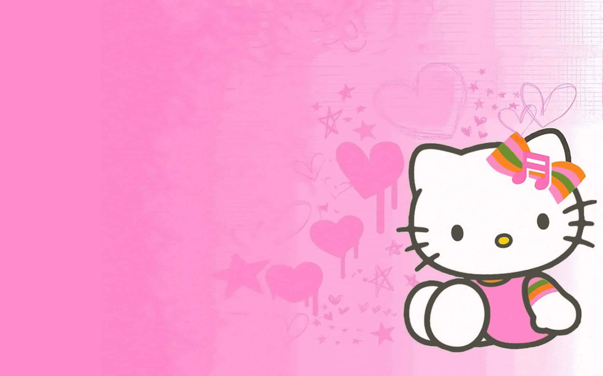 Hello Kitty cu fundă portocalie și verde pe fundal