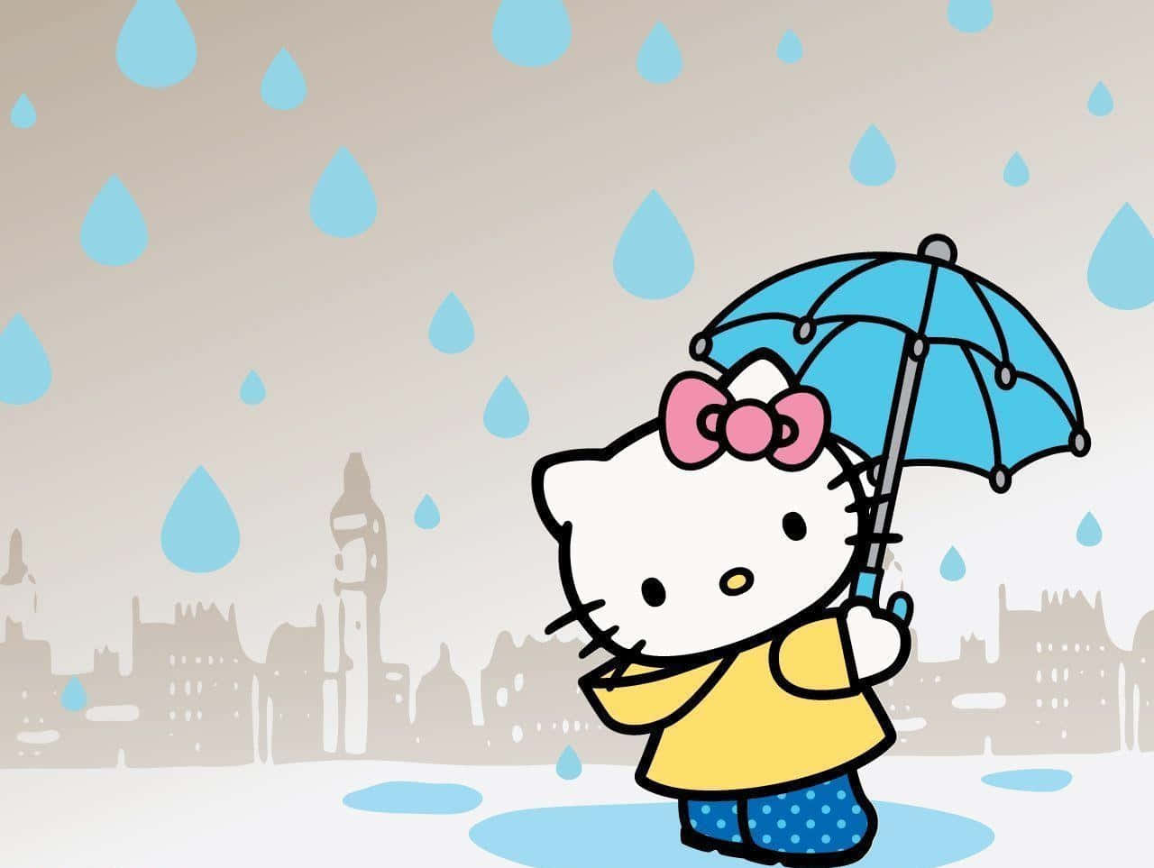 Hello Kitty Laptop Ploaie în Oraș Fundal