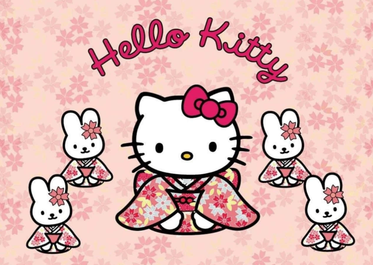 Hello Kitty Laptop cu Iepurași în Kimono Fundal