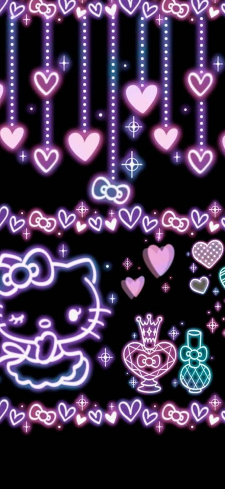 Hello Kitty mov neon pe negru Fundal