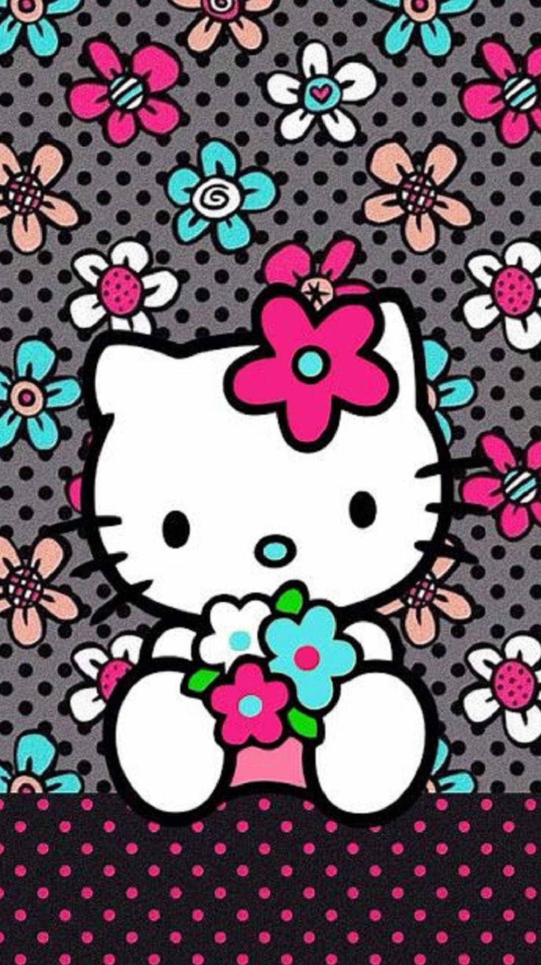 Hello Kitty neagră cu flori Fundal