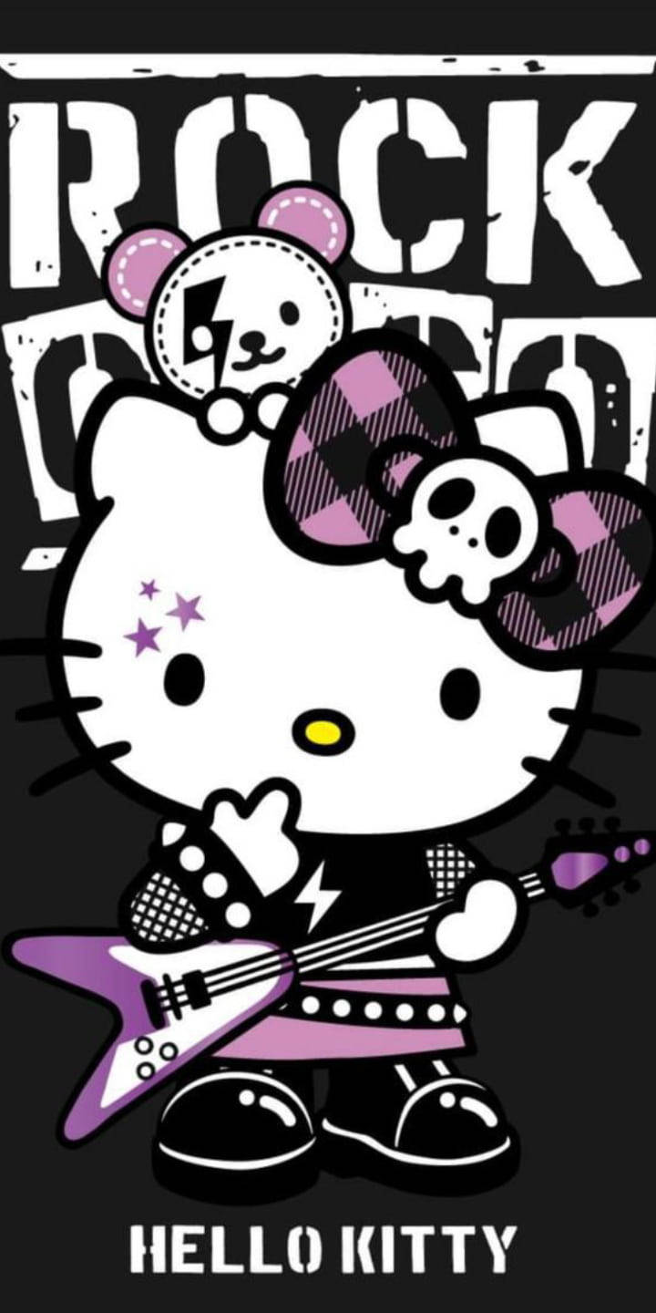 Hello Kitty Rockstar în mov și negru Fundal
