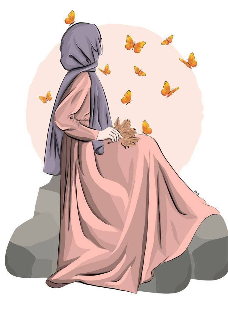 Hijab Desen Animat Fluturi Portocalii Fundal