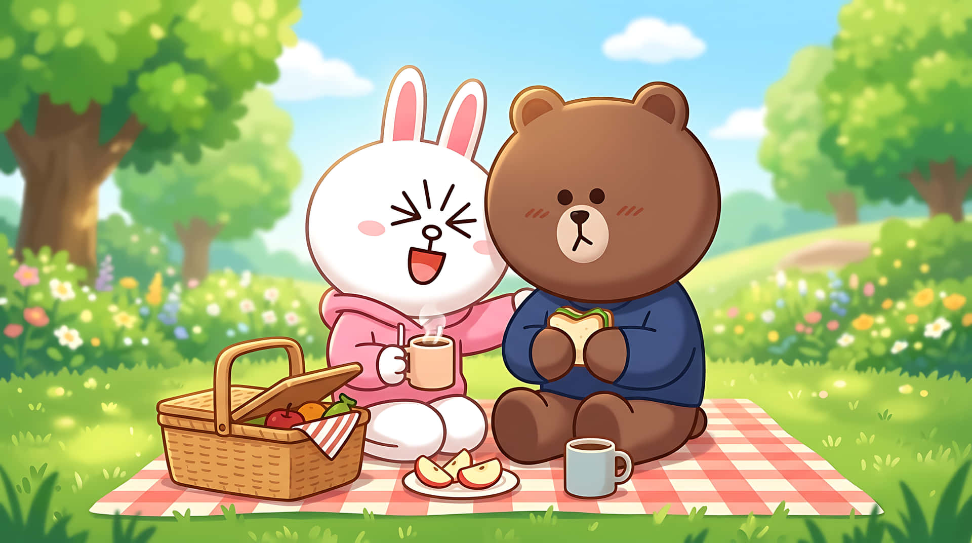 iepuraș, urs, iepure, picnic, parc, exterior, natură, vară, prietenie, drăguț, kawaii, ilustrație, desen animat, stil de viață, timp liber, mâncare, sandviș, cafea, primăvară, însorit — Drăguț estetic GIF Fundal