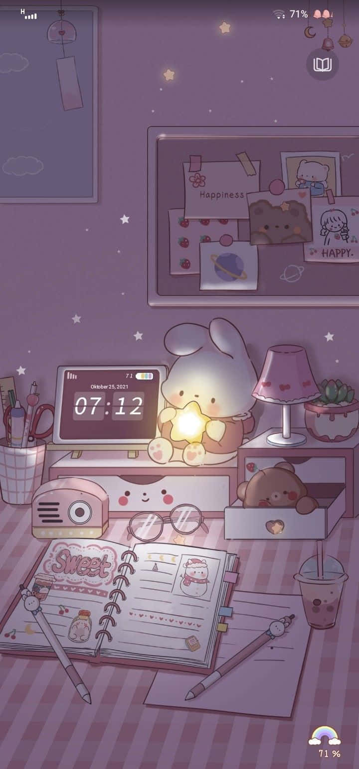 Iepuraș Kawaii Drăguț pe un Birou de Studiu Mov Fundal