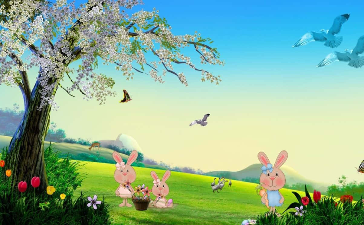 Iepurași de Paște Adorabili în Lumină de Primăvară Fundal