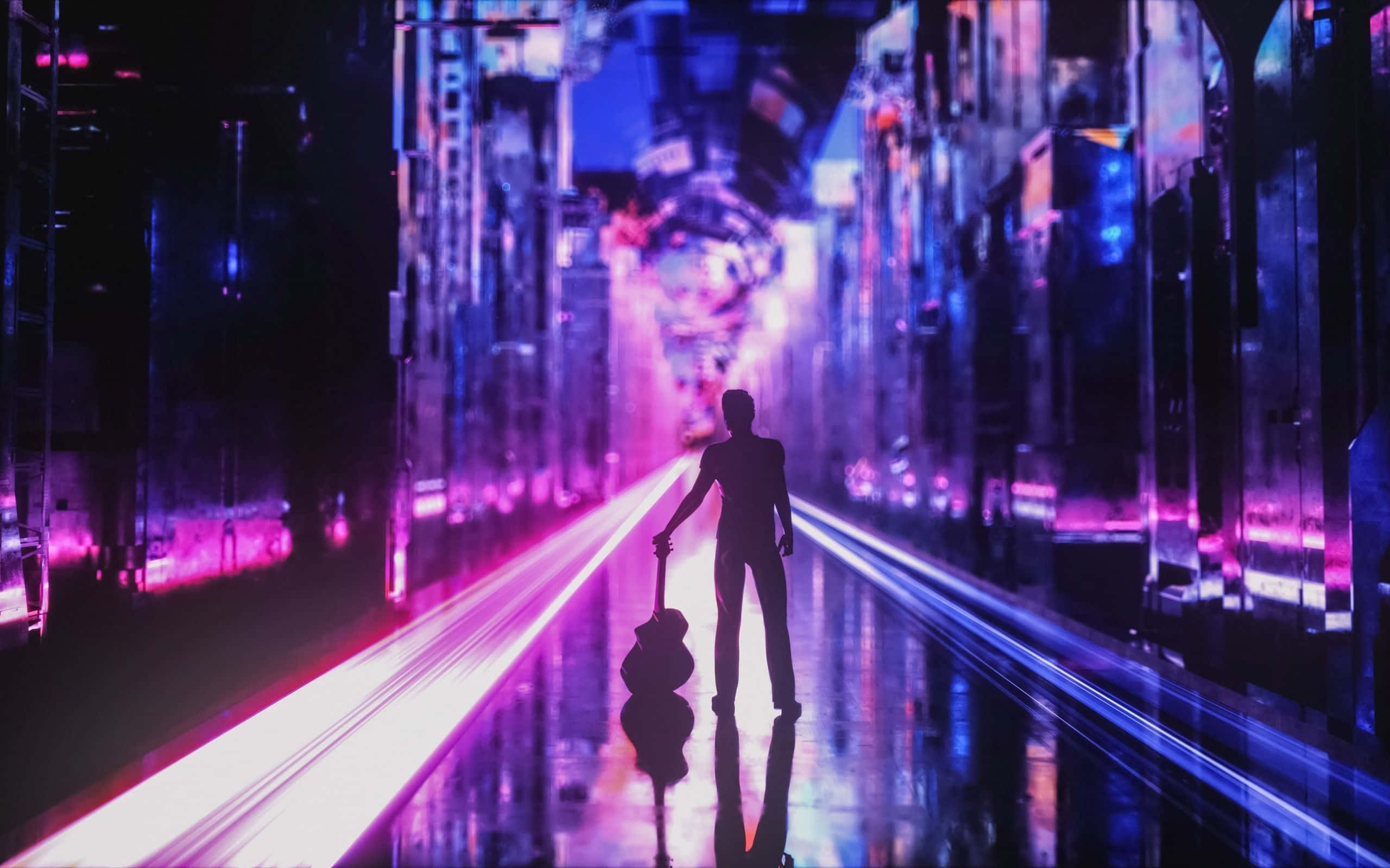Iluminând cerul nopții în Neon City Fundal