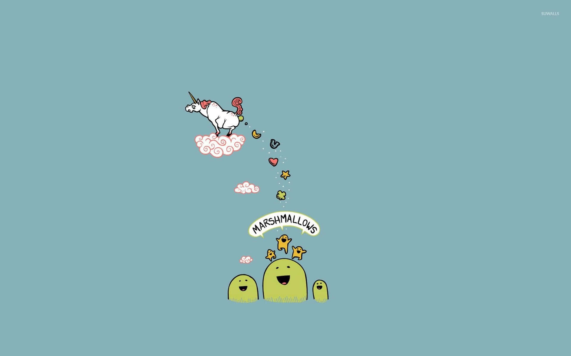 Ilustrație artistică cu un unicorn drăguț și bezele curcubee Fundal