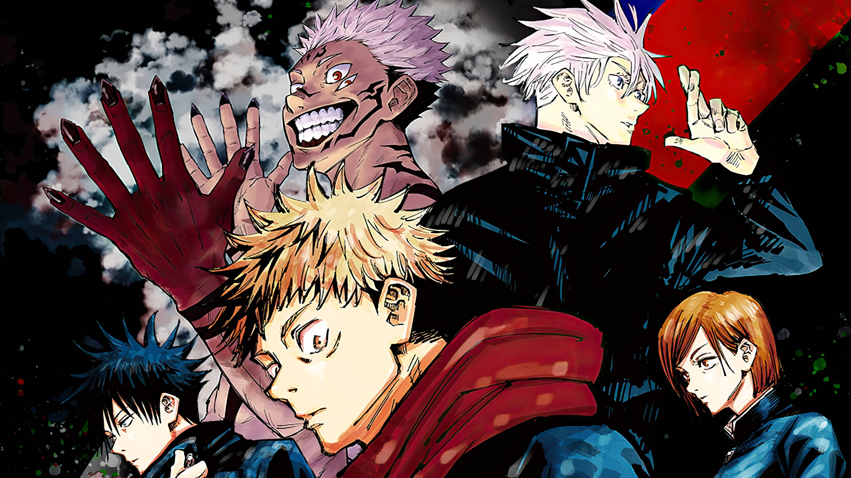 Ilustrație captivantă și puternică a personajelor Jujutsu Kaisen Fundal