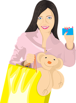 Ilustrație cu fată la cumpărături cu ursuleț de pluș și card Fundal
