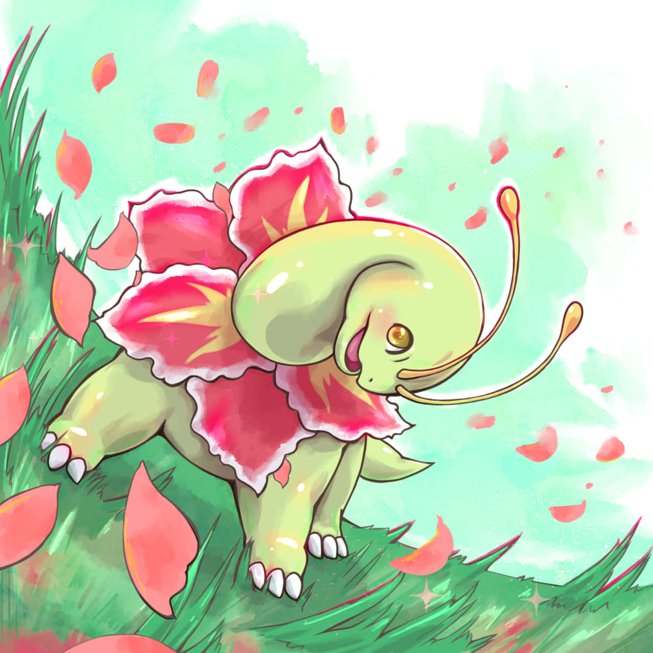 Ilustrație cu Meganium Pokemon într-o zi cu vânt Fundal