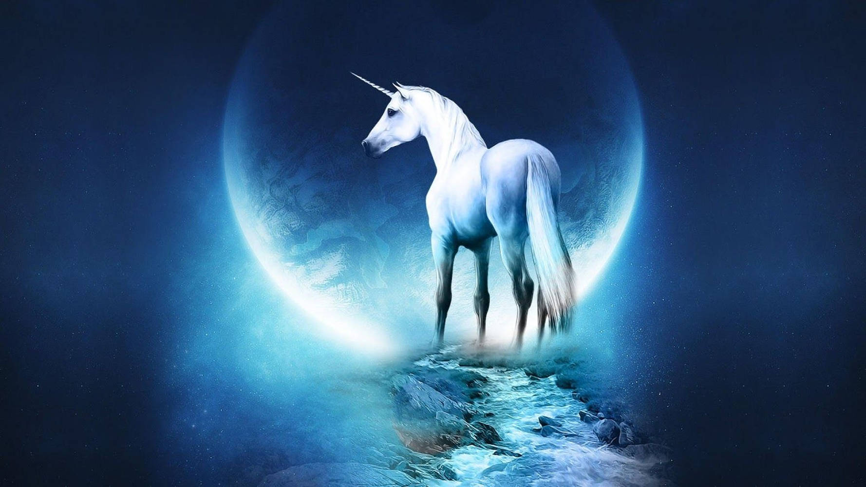 Ilustrație cu unicorn alb galactic și lună Fundal