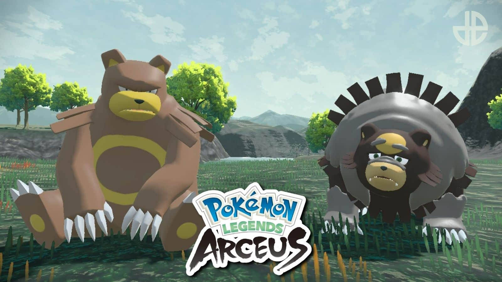 Ilustrație cu Ursaring și Ursaluna din Pokemon Legends: Arceus. Fundal