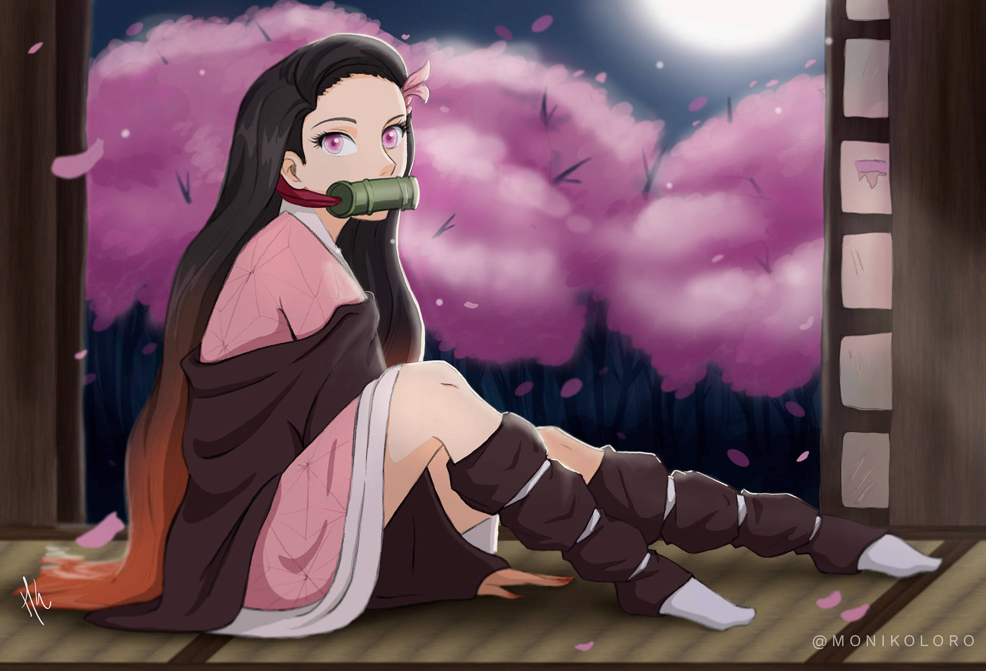 Ilustrație Fan Art a Nezuko din Demon Slayer Fundal