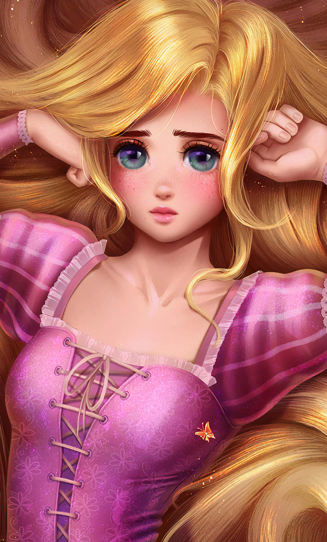 Ilustrație încântătoare a Rapunzel privind din fereastra turnului Fundal