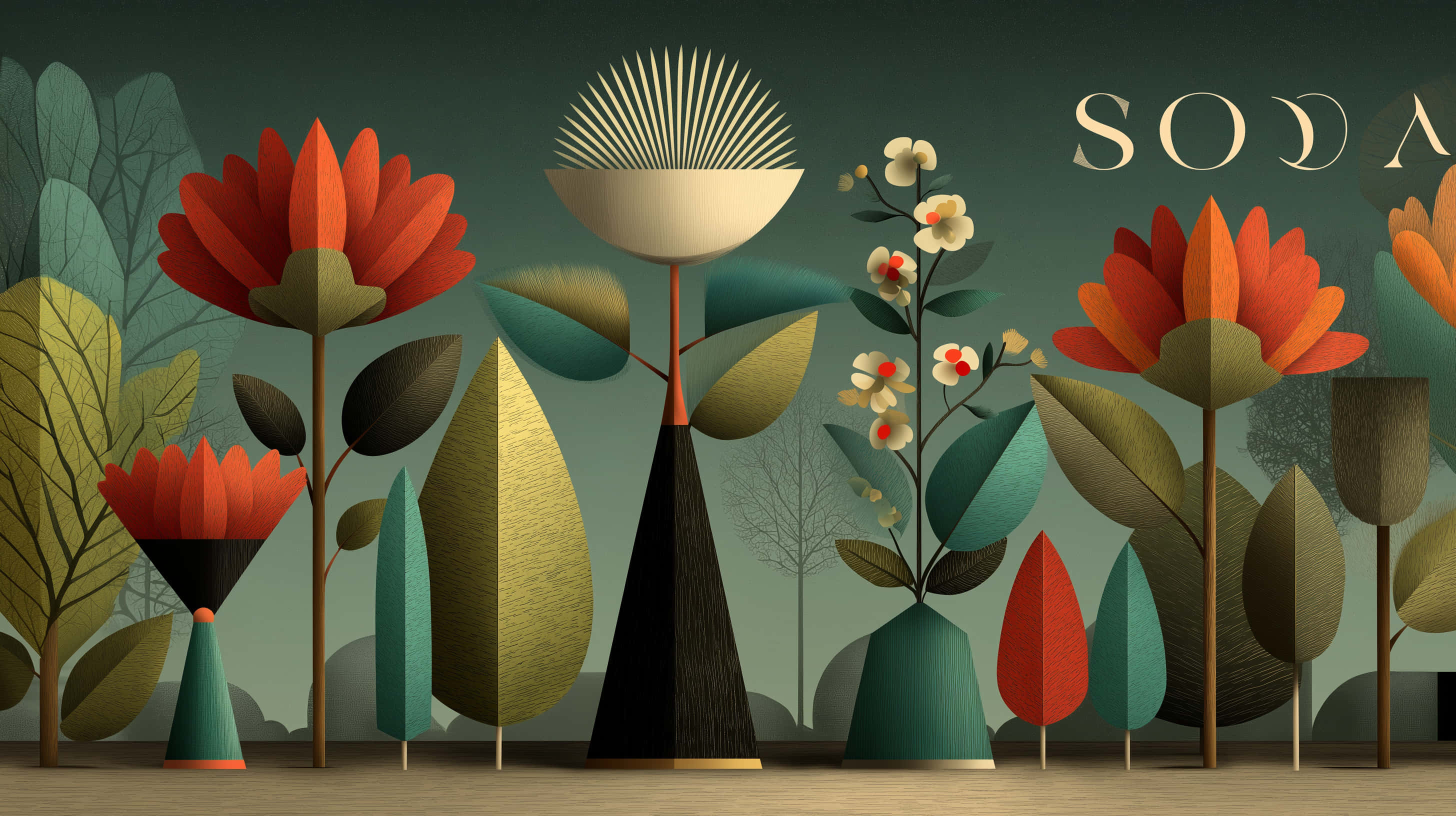 Ilustrație Retro Florală Modernă de Mijloc de Secol Fundal