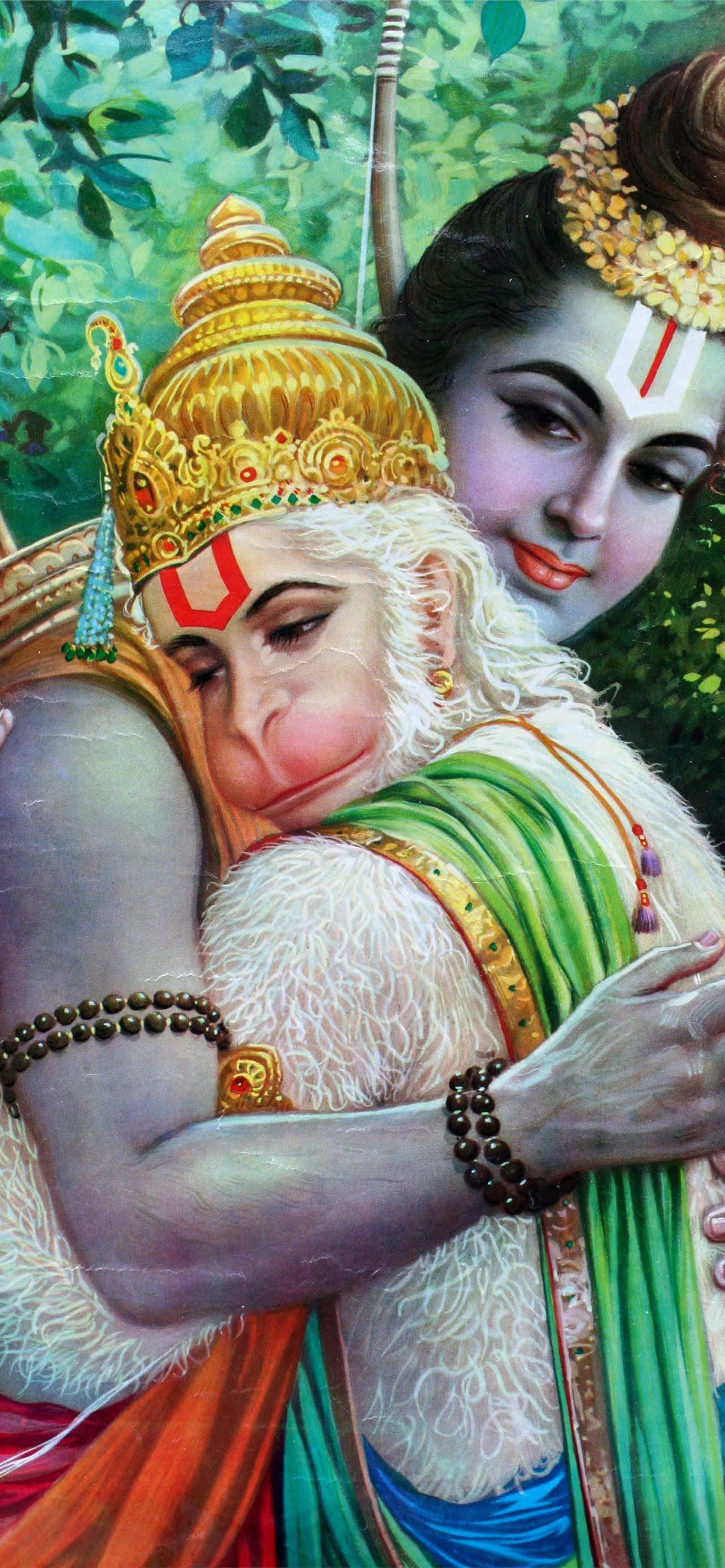 Imagine cu Hanuman și Rama îmbrățișându-se Fundal