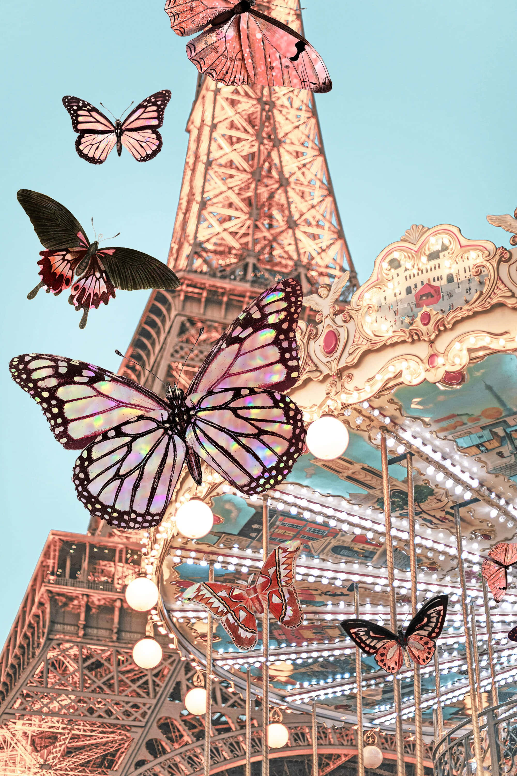 Imagine cu Turnul Eiffel Francez, Carusel și Fluturi Fundal
