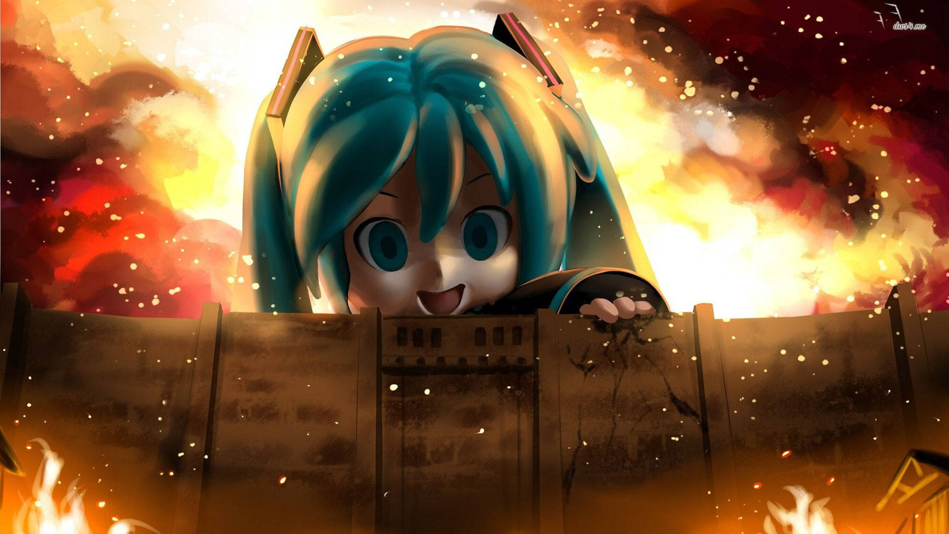 Imagine Miku Hatsune îl întâlnește pe Eren Yeager în Atacul Titanilor Fundal