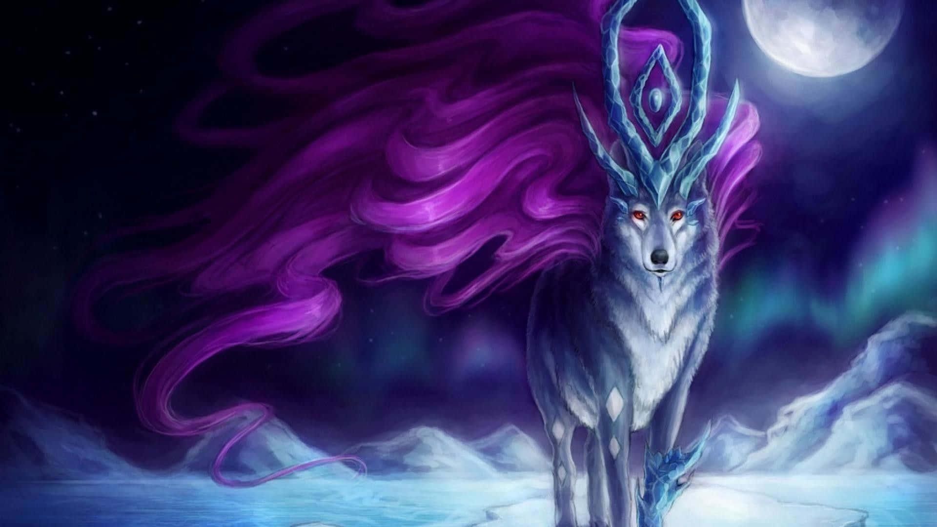 Imagine O reprezentare eterică a unui lup galactic, cu stele strălucitoare și un fundal de Calea Lactee Fundal