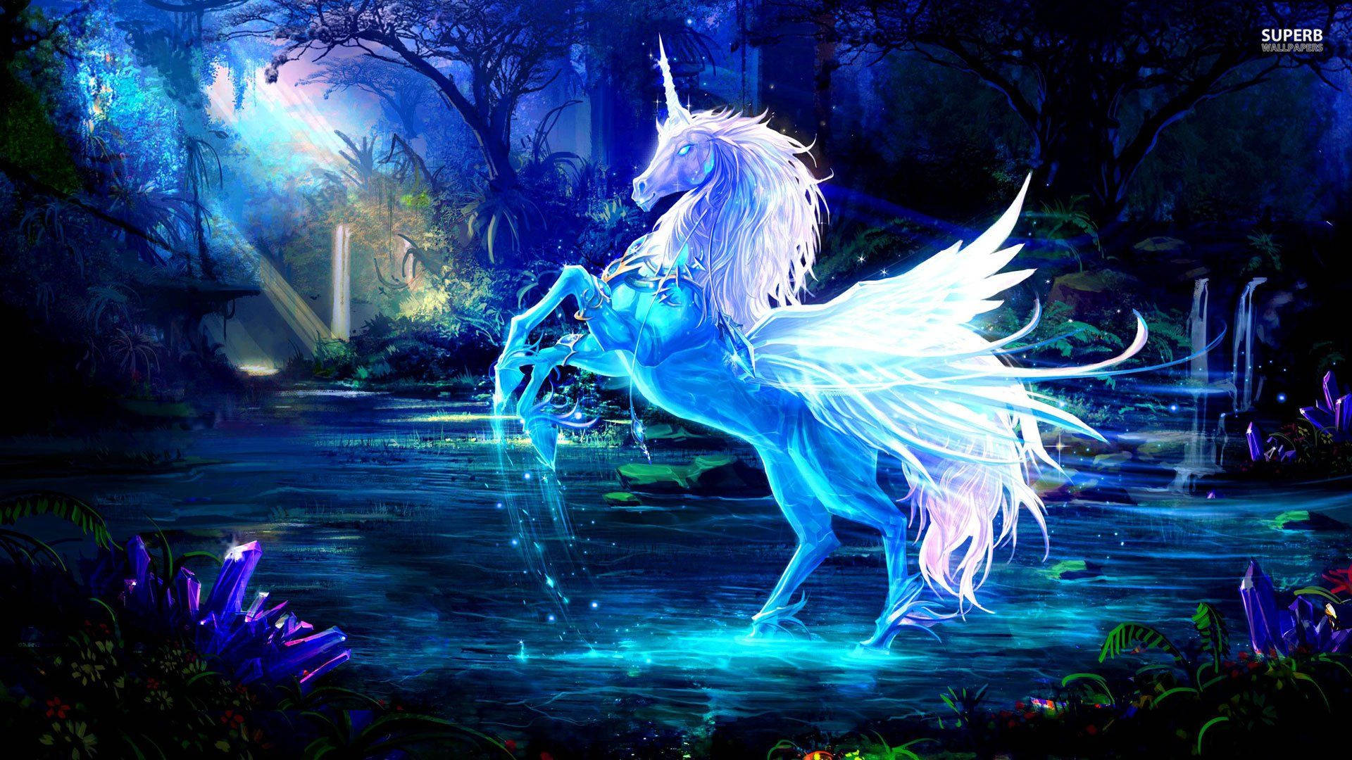 Imagine: Un unicorn mitic, în culorile curcubeului, privește înainte cu o expresie hotărâtă Fundal