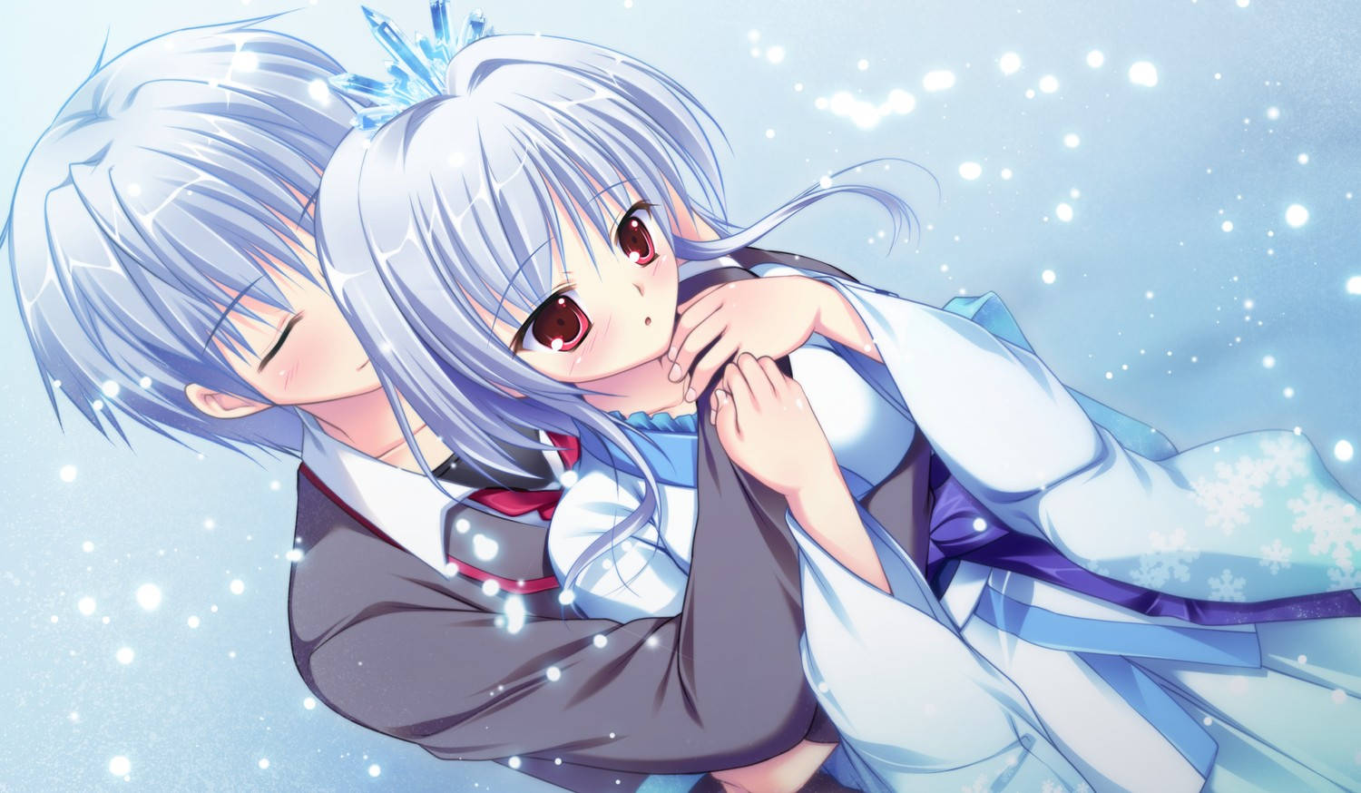 Îmbrățișare anime a unui cuplu cu păr albastru Fundal