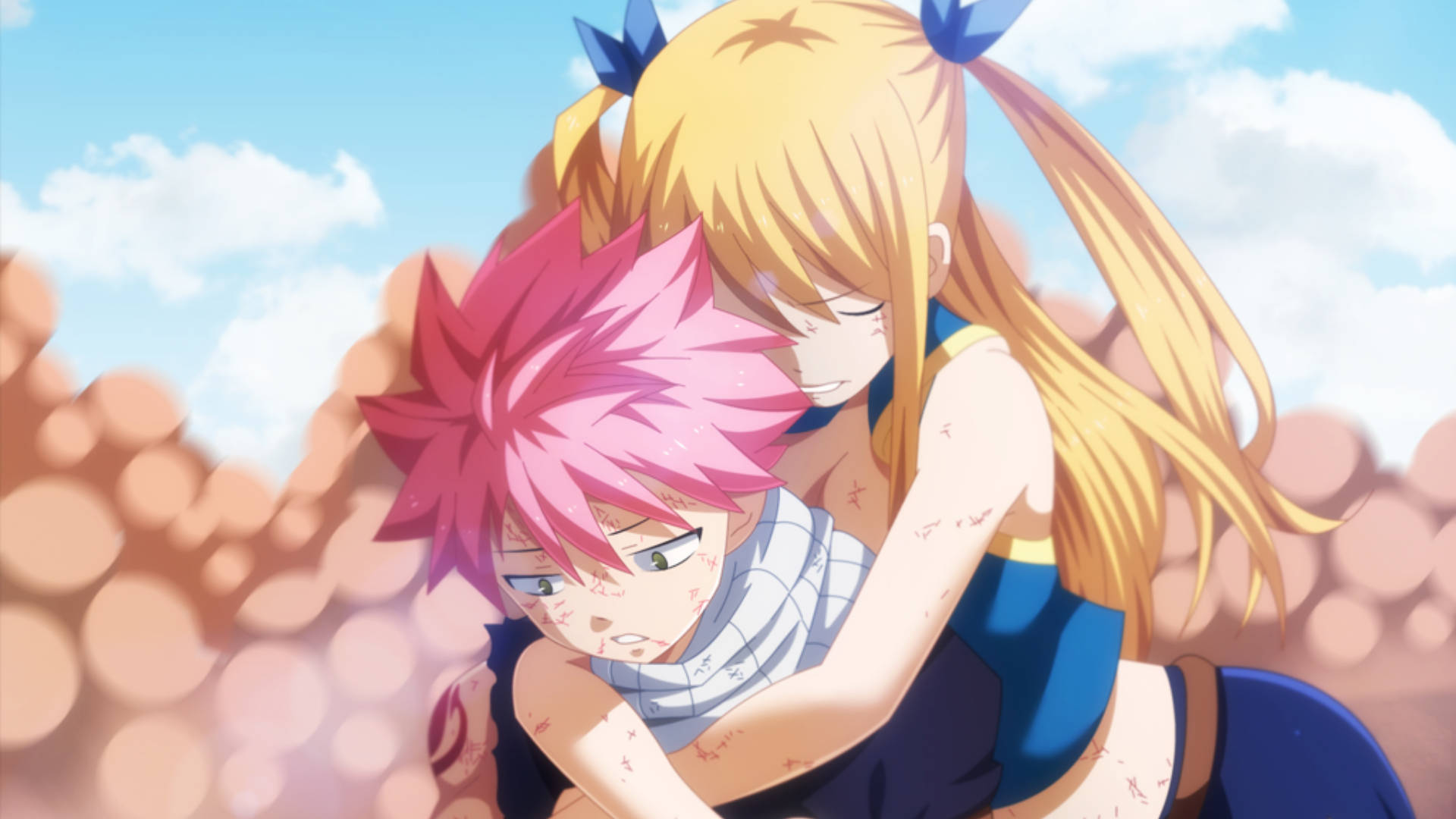 Îmbrățișare anime Natsu și Lucy Fundal