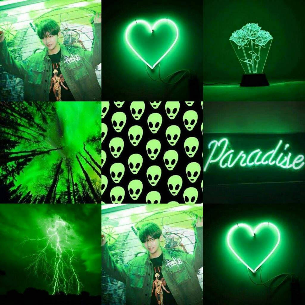 Inimă și trandafiri neon verde estetic Fundal