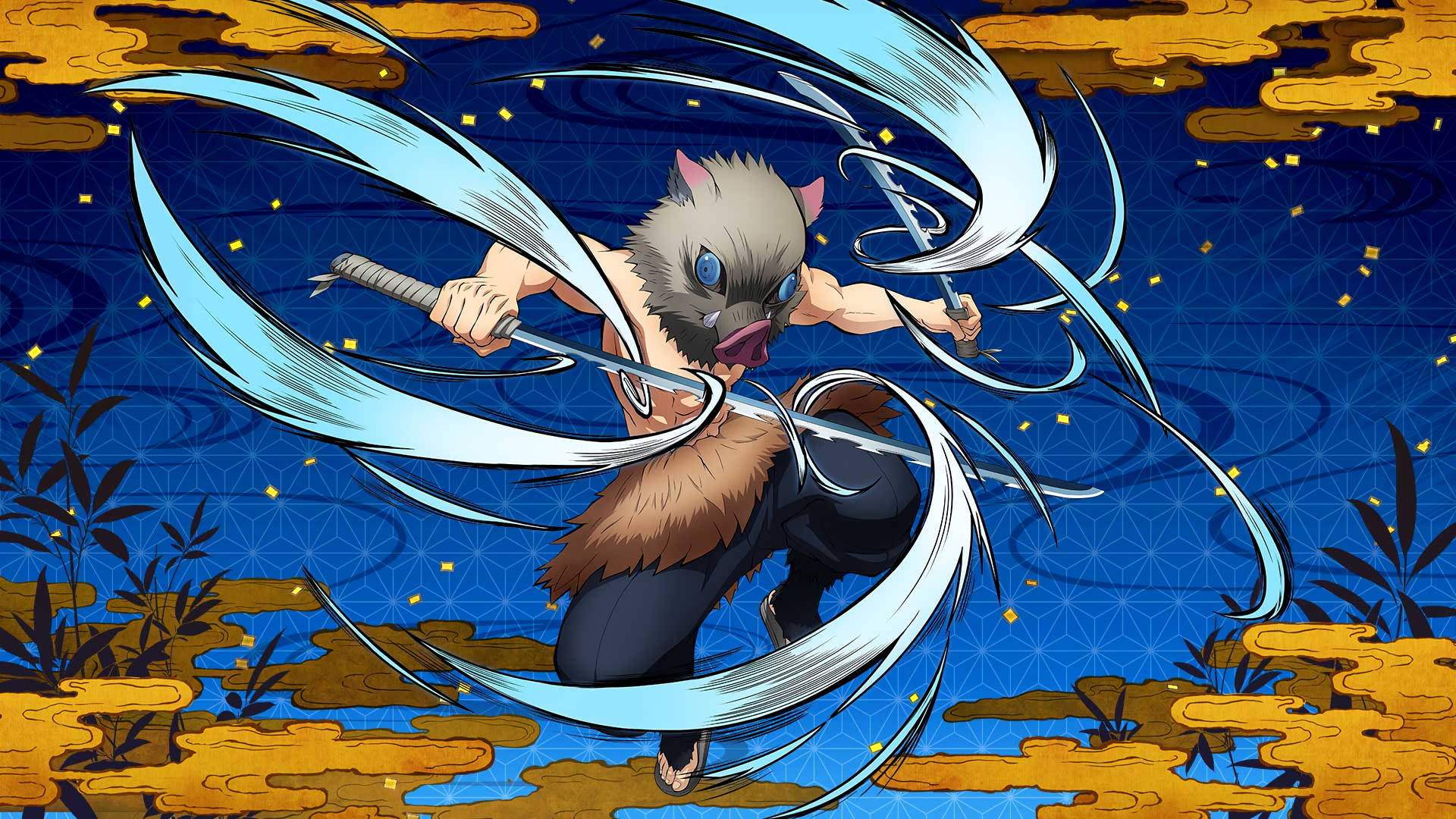 Inosuke din Demon Slayer cu vârtejuri de apă pe săbii Fundal