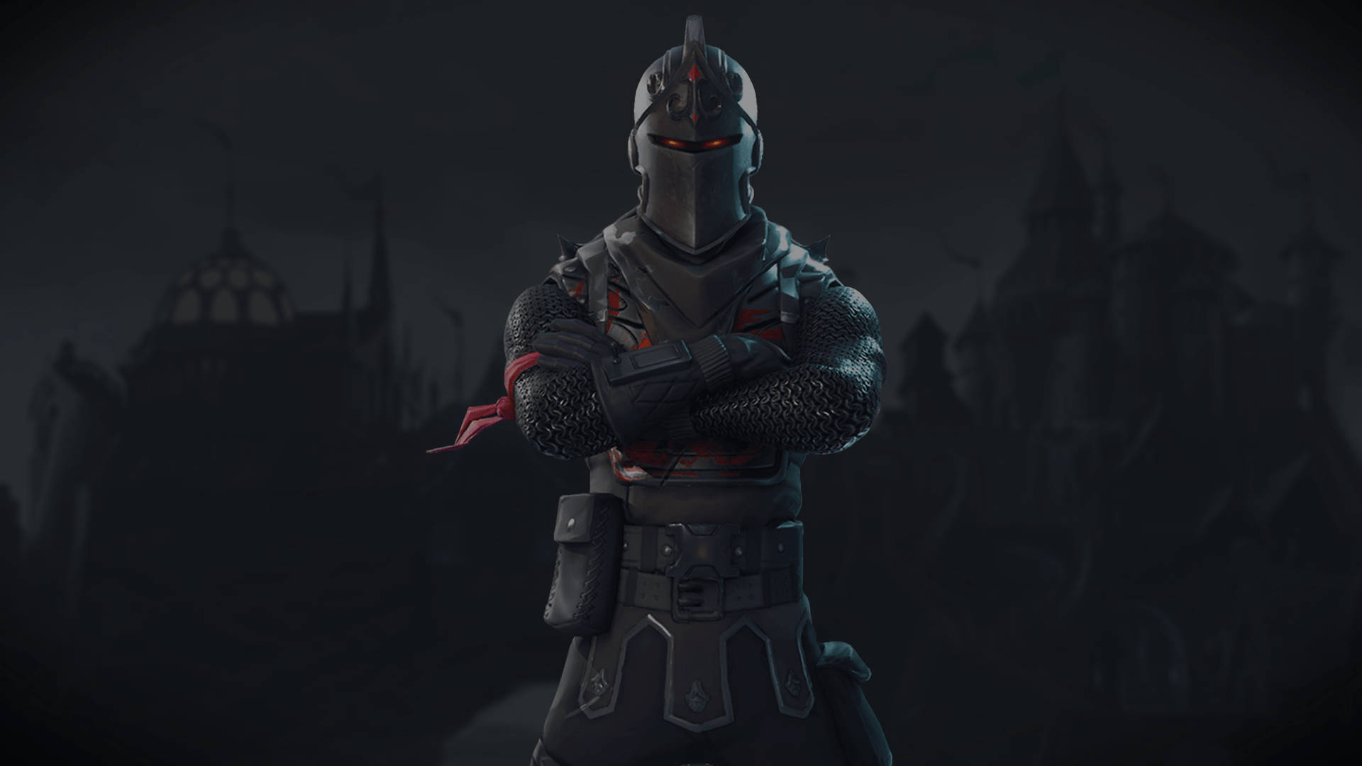 Un skin numit Cavalerul Negru în Fortnite, pe fundalul siluetei unui castel întunecat - fundal HD. — Fortnite Fundal