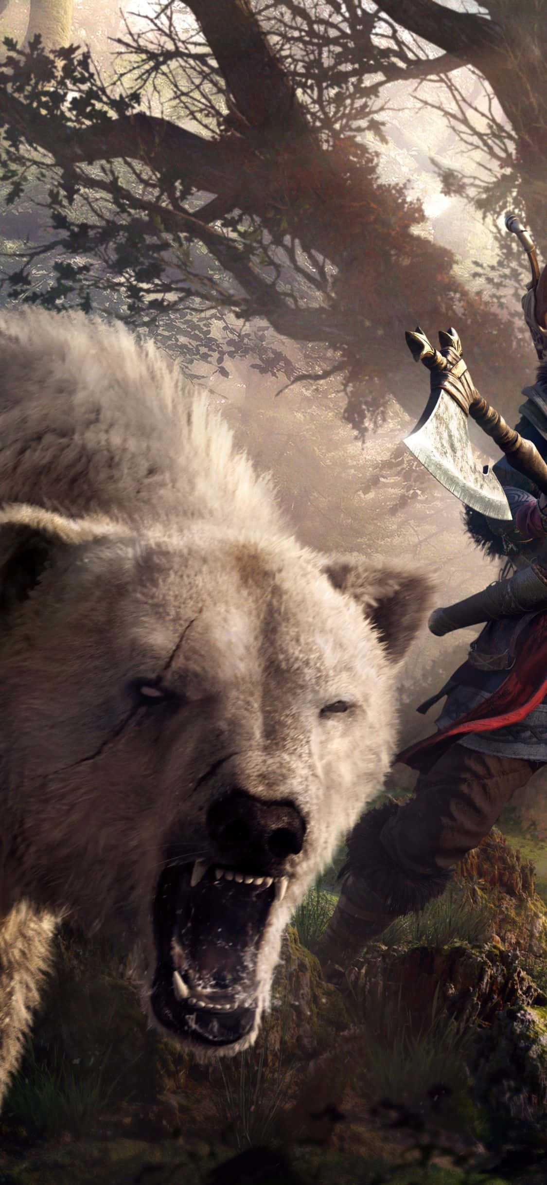iPhone Xs Assassin's Creed Valhalla White Bear Roaring Background Fundal