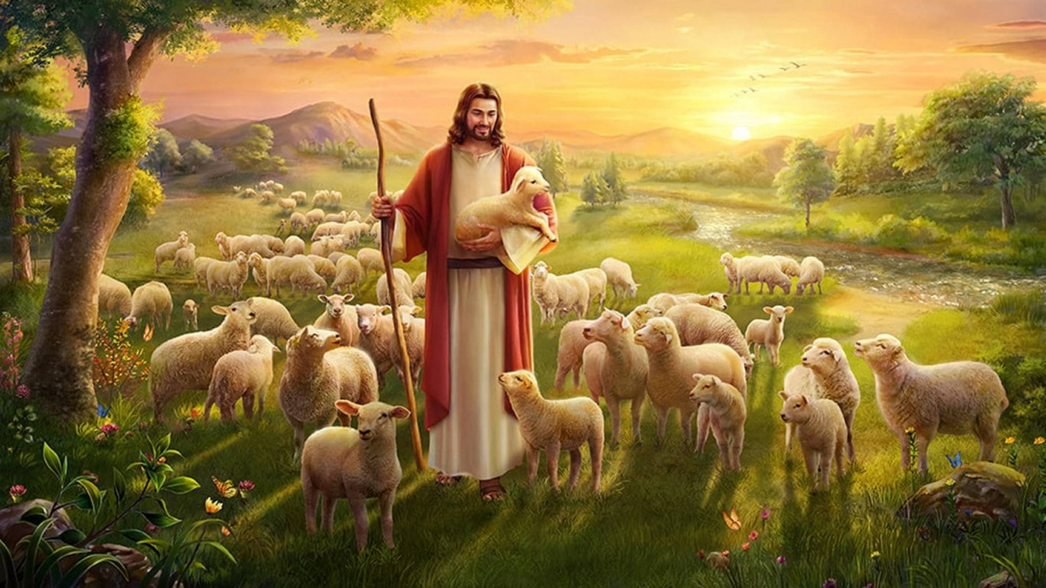Isus înconjurat de miei fundal PC Fundal