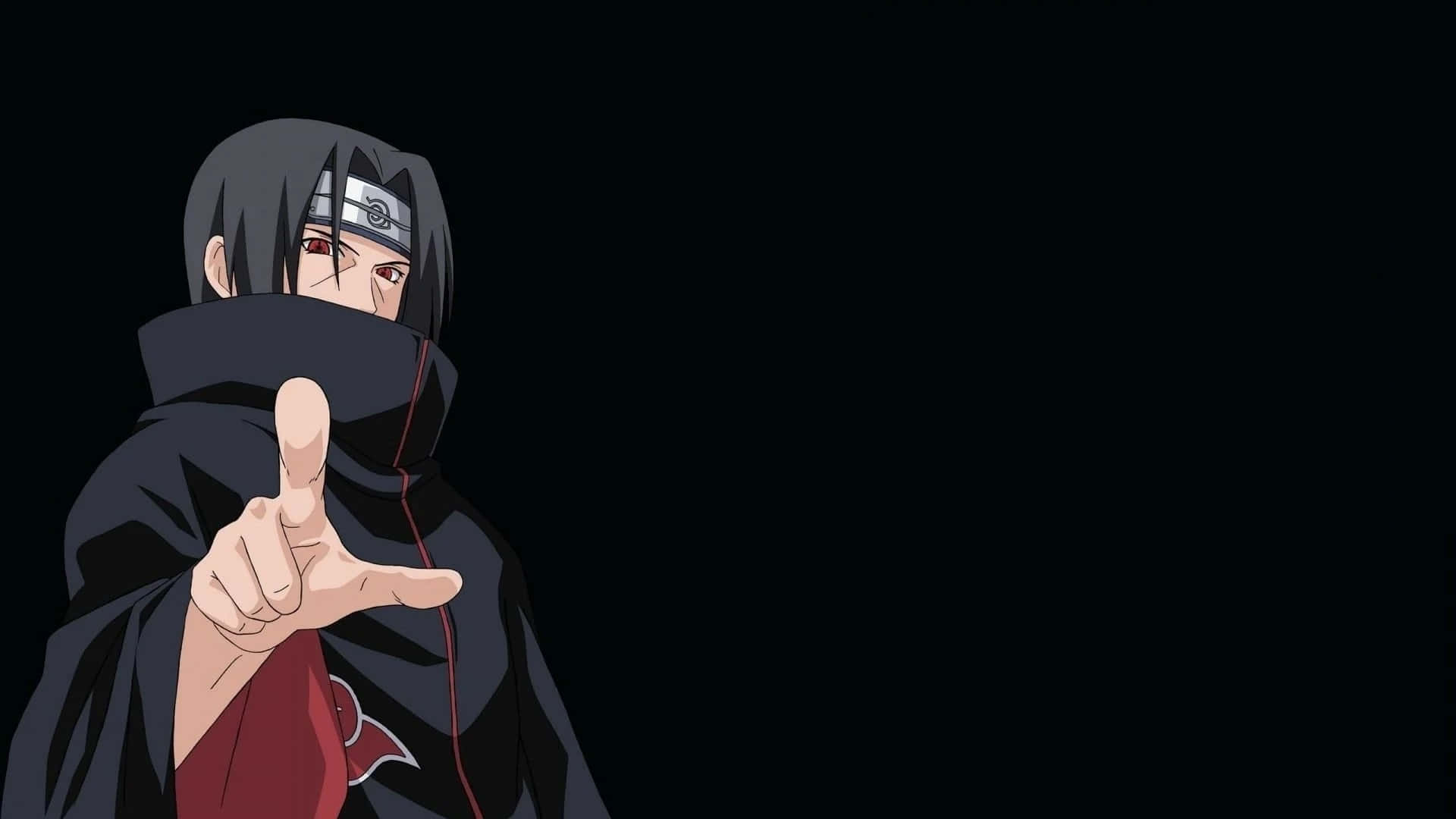 Itachi estetic arătând cu degetul arătător în față pe fundal negru Fundal