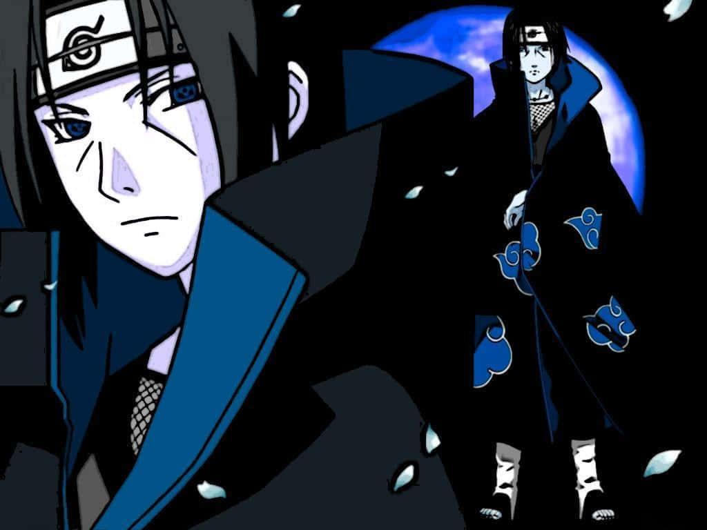 Itachi în prim-plan și în picioare, estetică, cu ochi Sharingan albaștri și robă Akatsuki cu nori Fundal