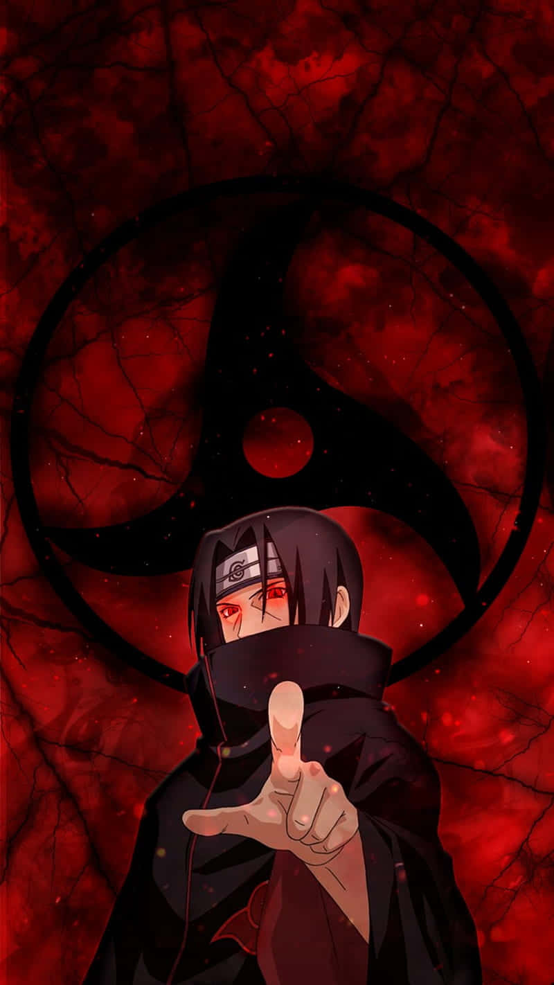Itachi Mangekyou Sharingan cu ochi strălucitori și degetul îndreptat Fundal