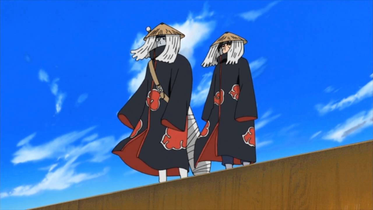 Itachi și Kisame fugind unul după altul peste o cascadă Fundal