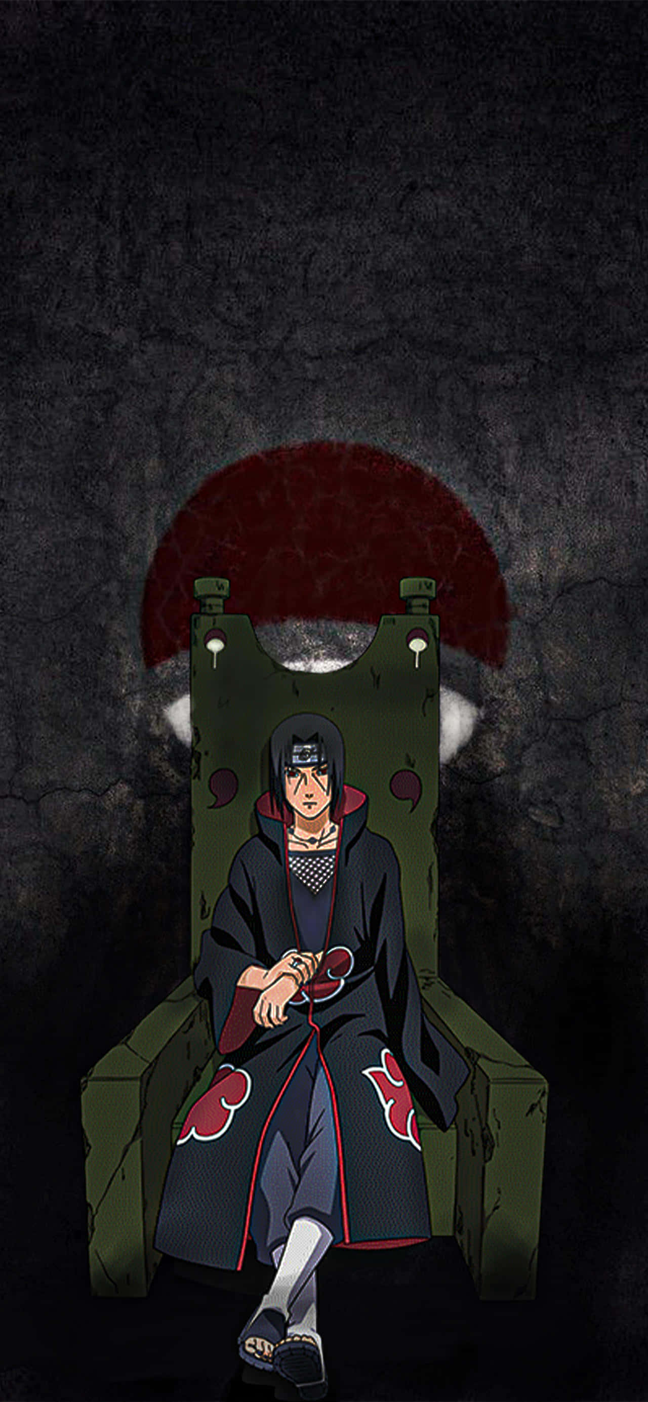 Itachi Uchiha așezat pe un scaun verde Fundal