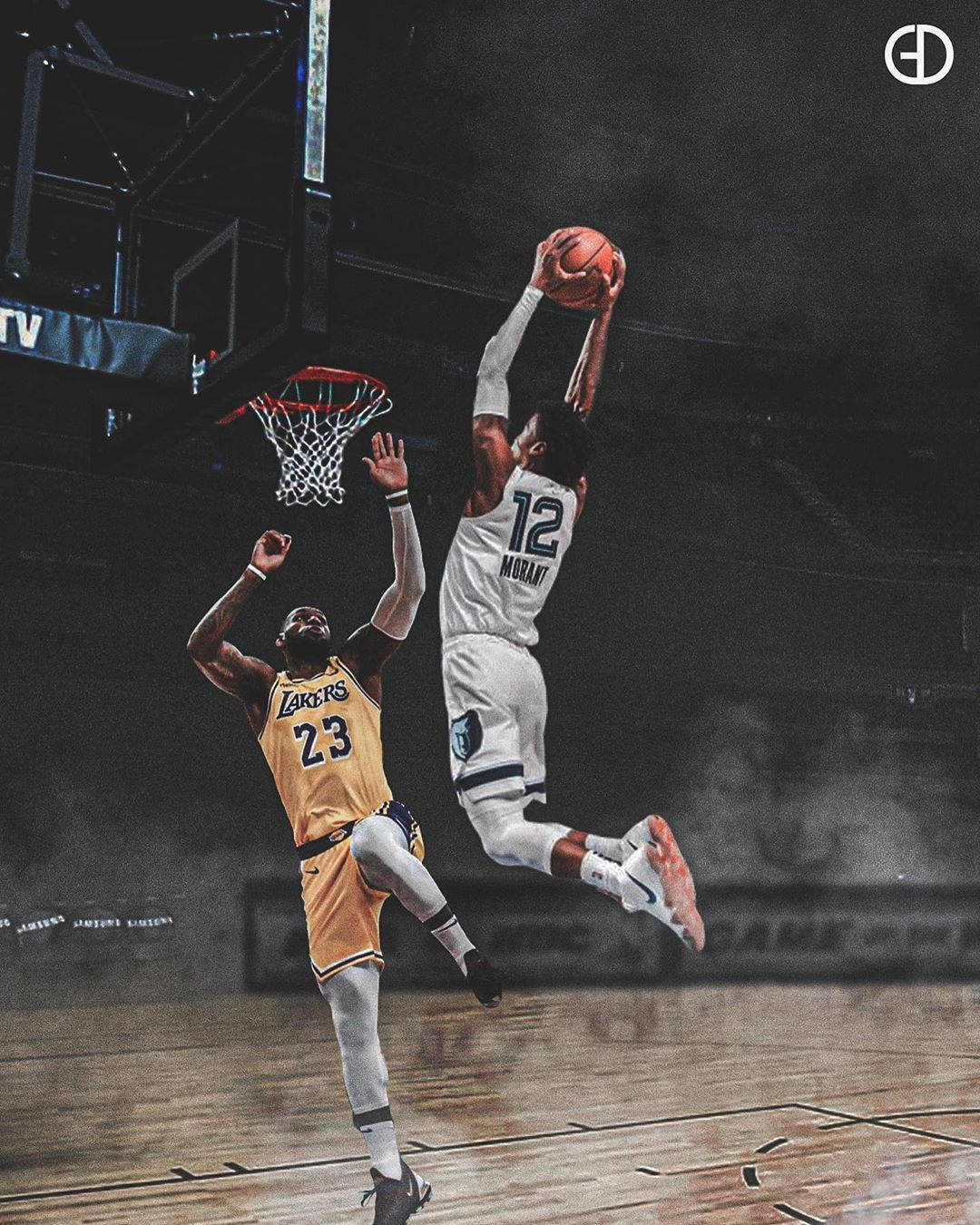 Ja Morant aruncând la coș împotriva lui LeBron James Fundal